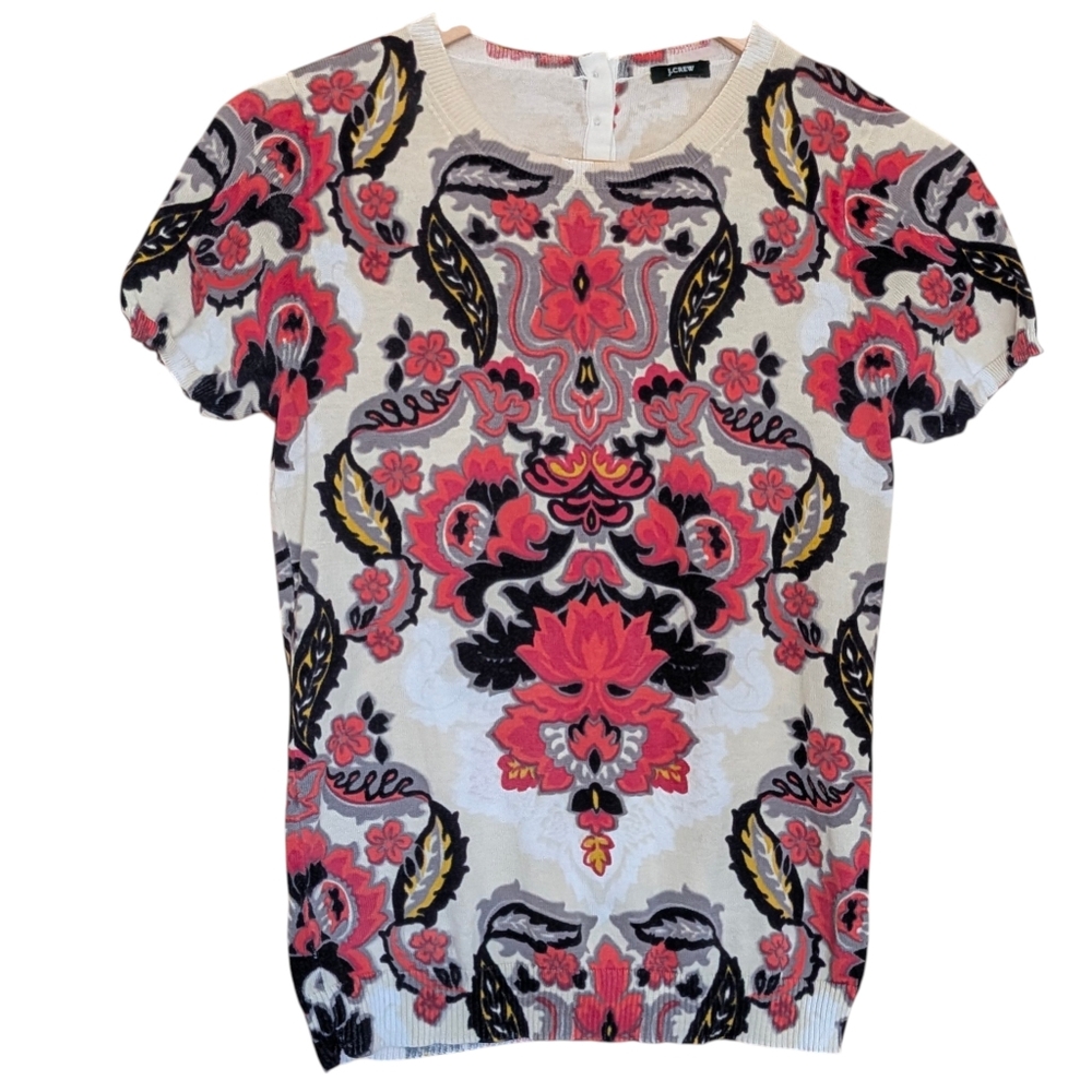 J. Crew Red and Black Floral Short Sleeve Knit Top XS Business Casual Corpcore